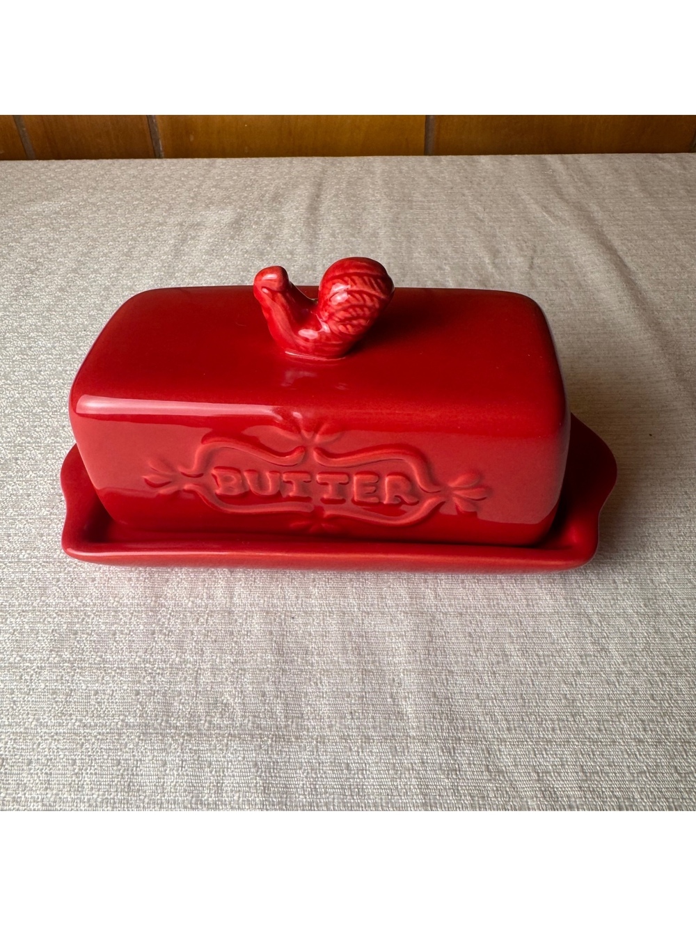 Vintage Red Ceramic Butter Dish with Rooster Knob Farmhouse Kitchen Decor - Picture 3 of 9